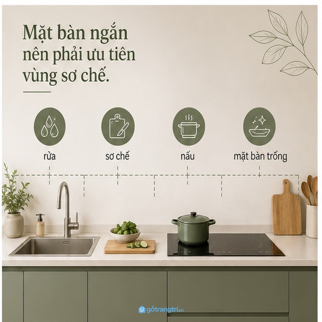 Mặt bàn bếp chữ I cần vùng rửa, vùng sơ chế và vùng nấu rõ ràng