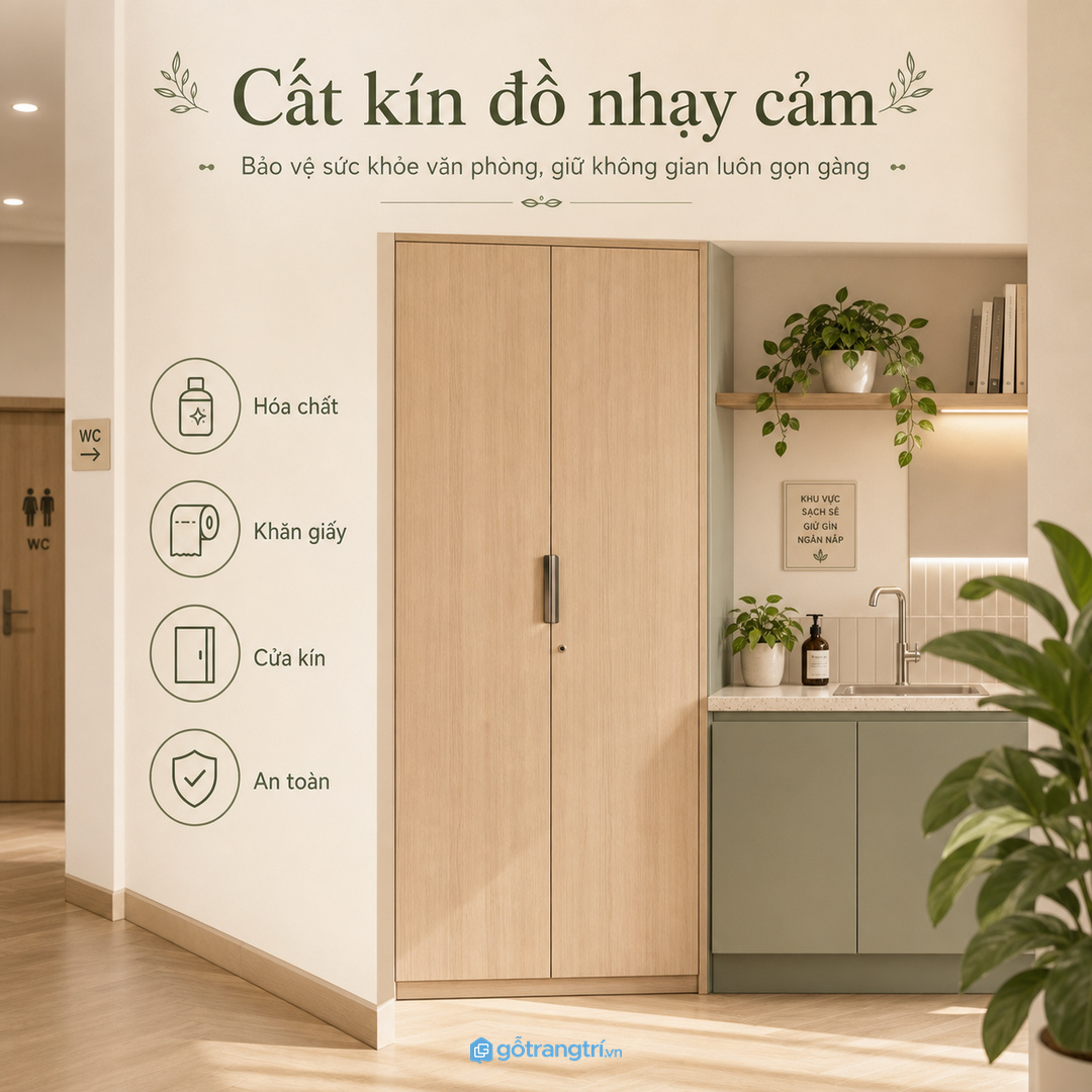 Thang, cây lau, chổi và đồ vệ sinh cần tách khỏi đồ sạch trong nhà