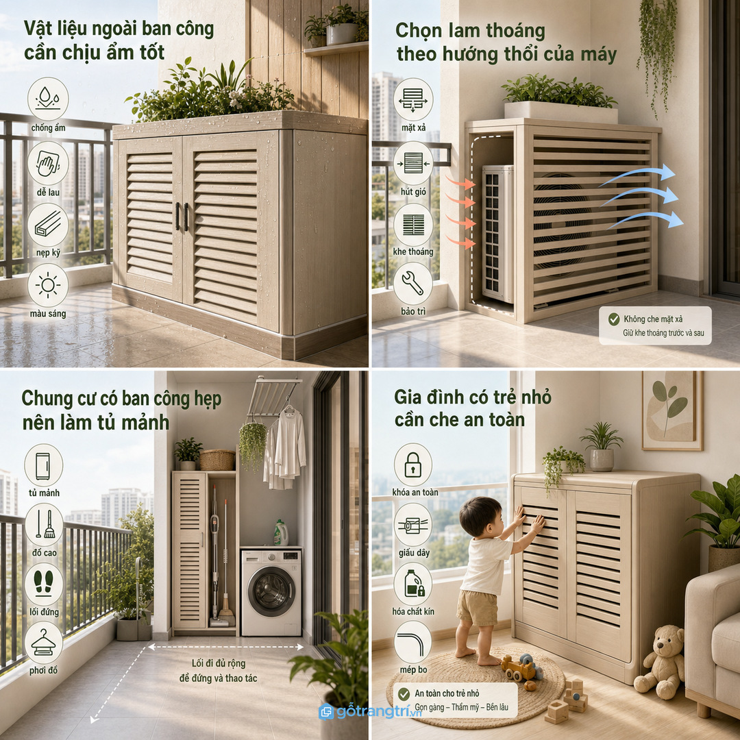 Tủ ban công nên đặt gần nơi dùng nhưng tránh nắng mưa và nước bắn trực tiếp
