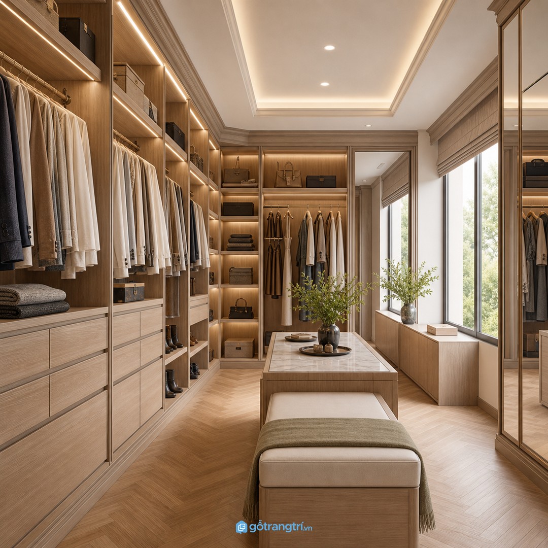 Lối đi trong phòng thay đồ phải đủ rộng khi mở cánh, kéo ngăn và đứng soi gương