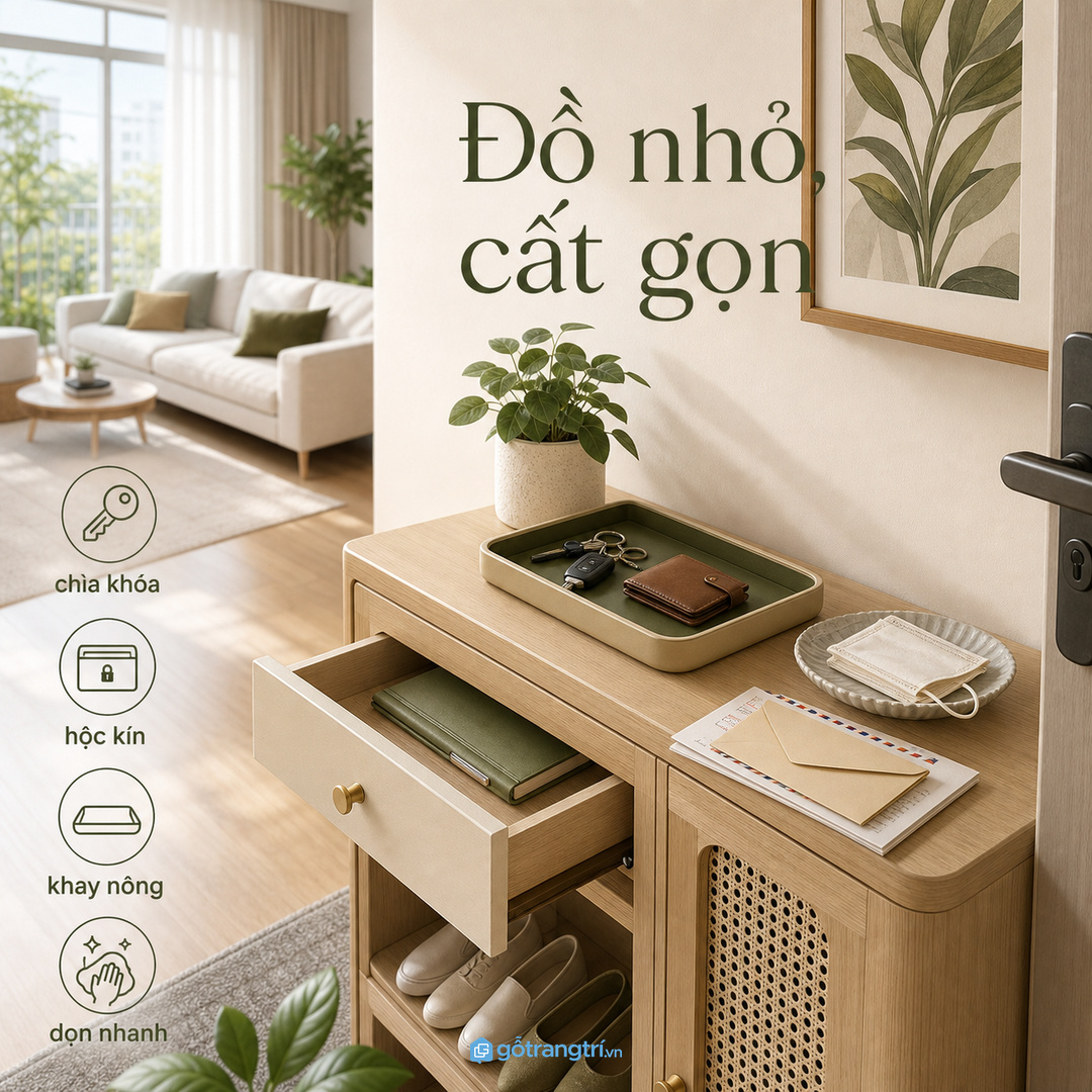 Đồ nhỏ ở lối vào cần hộc kín và khay nông để không rối mắt