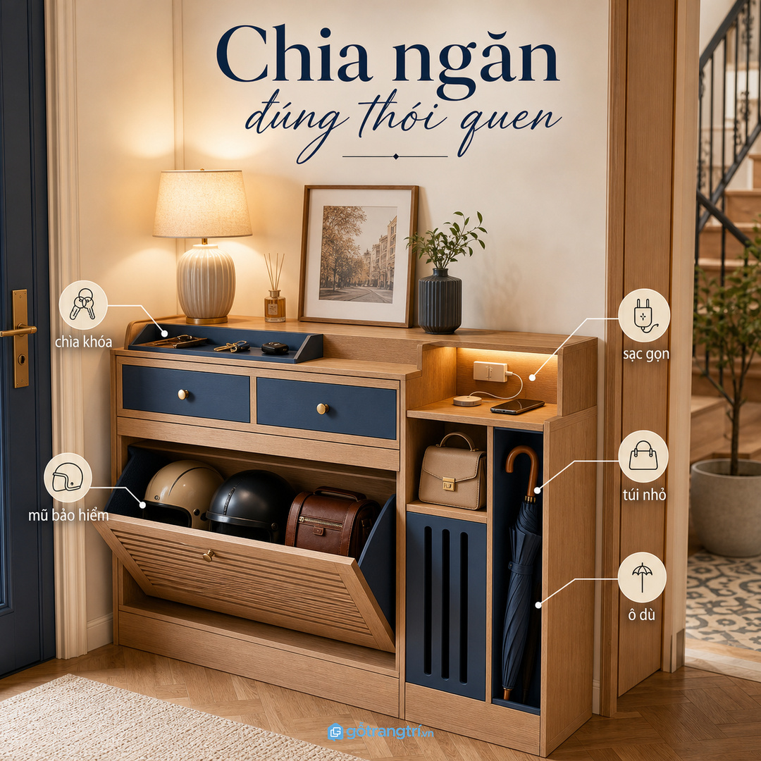 Chia ngăn tủ console theo chìa khóa, mũ bảo hiểm, ô dù và túi nhỏ