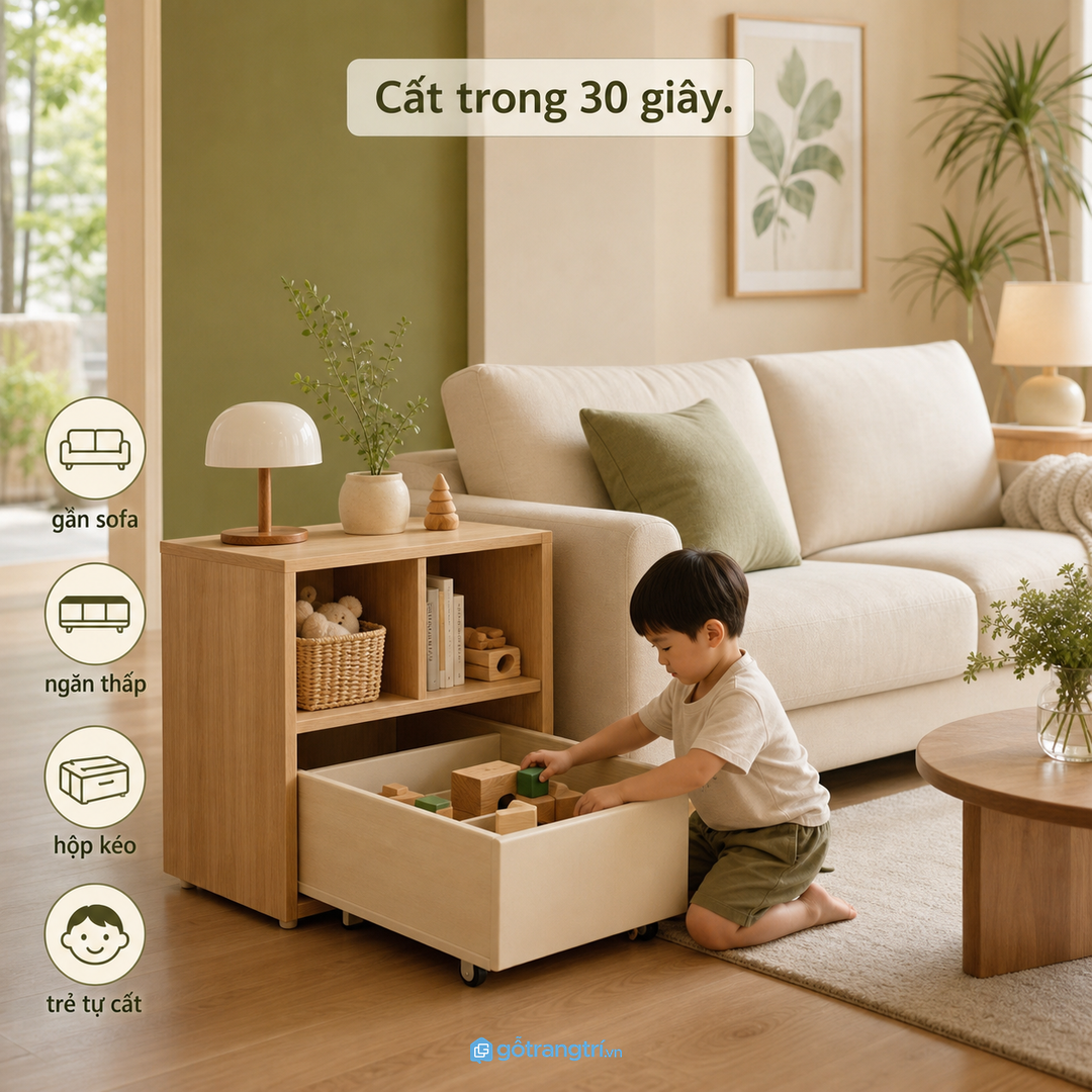 Tủ đặt gần nơi trẻ chơi giúp cất đồ trong 30 giây