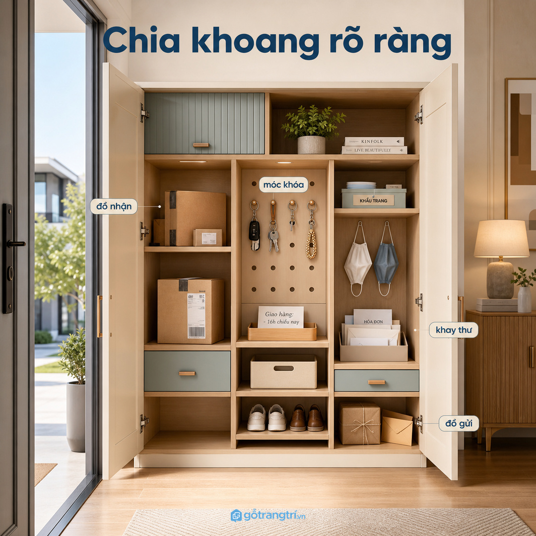 Đơn hàng, đồ trả và chìa khóa nên được chia khoang rõ ngay gần cửa