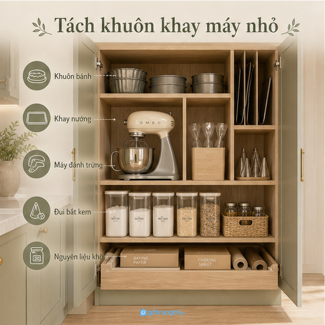 Tách khuôn, khay, máy nhỏ và nguyên liệu khô để lấy đúng món khi làm bánh