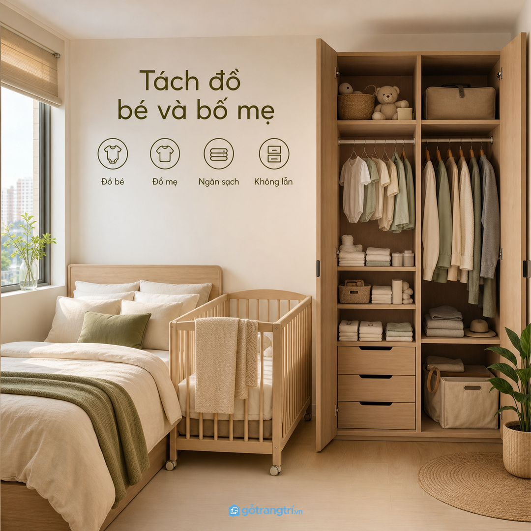 Tách đồ bé và đồ bố mẹ để phòng ngủ nhỏ sạch hơn