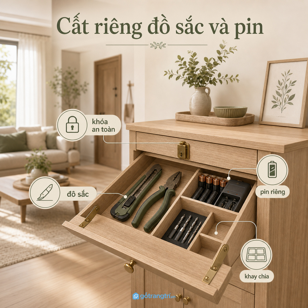Đồ sắc, pin và sạc cần được cất riêng để an toàn hơn trong căn hộ
