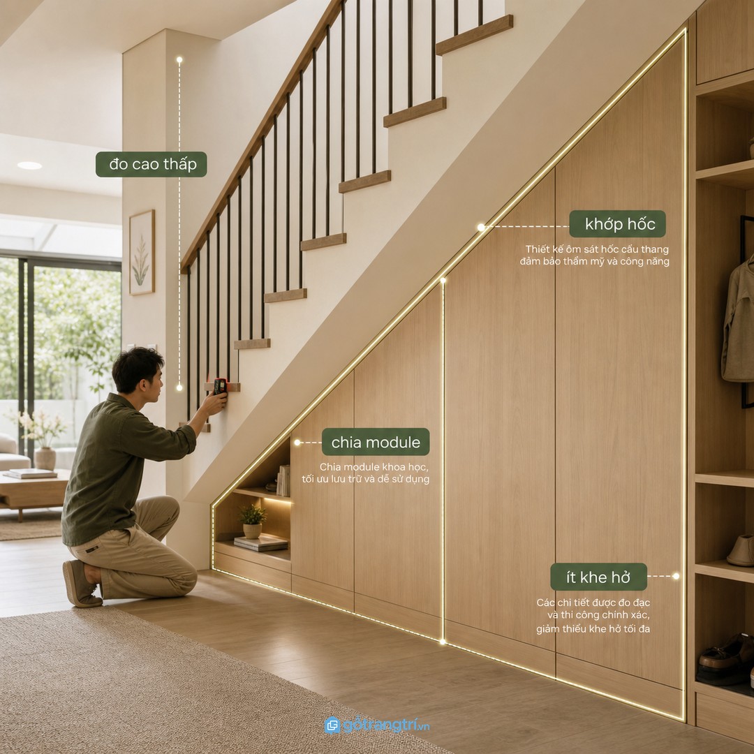 Tủ gầm cầu thang giúp nhà phố nhỏ rộng mắt hơn khi gom đồ vào một hệ liền mạch