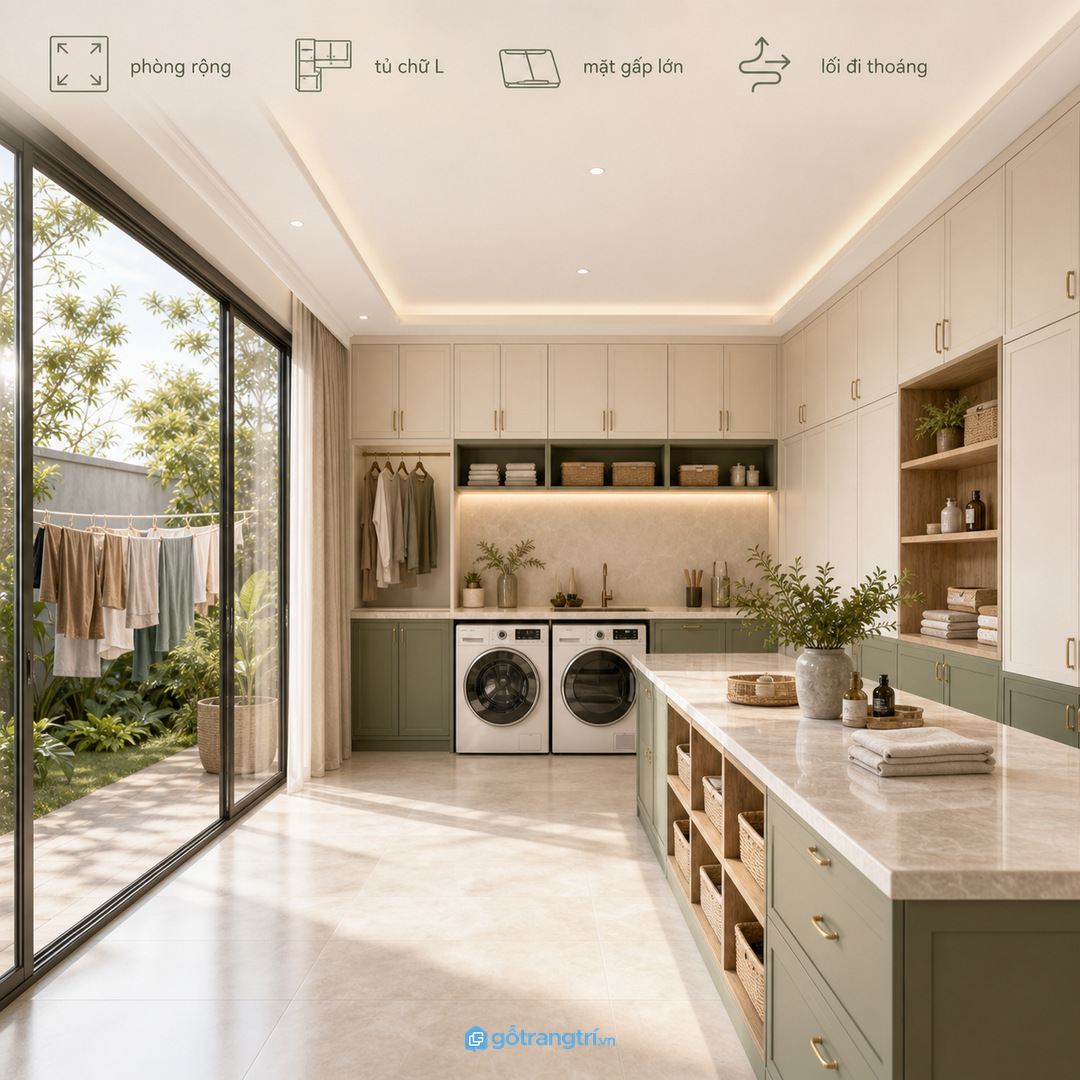 Tủ kín và khoang mở cân bằng giúp giấu đồ giặt, hóa chất và giữ mặt sàn thoáng