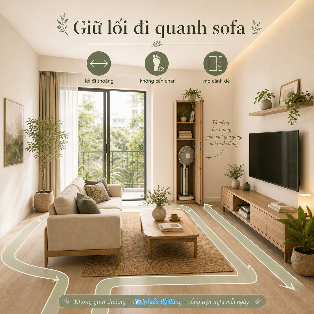Lối đi quanh sofa cần thoáng để sinh hoạt hằng ngày dễ hơn