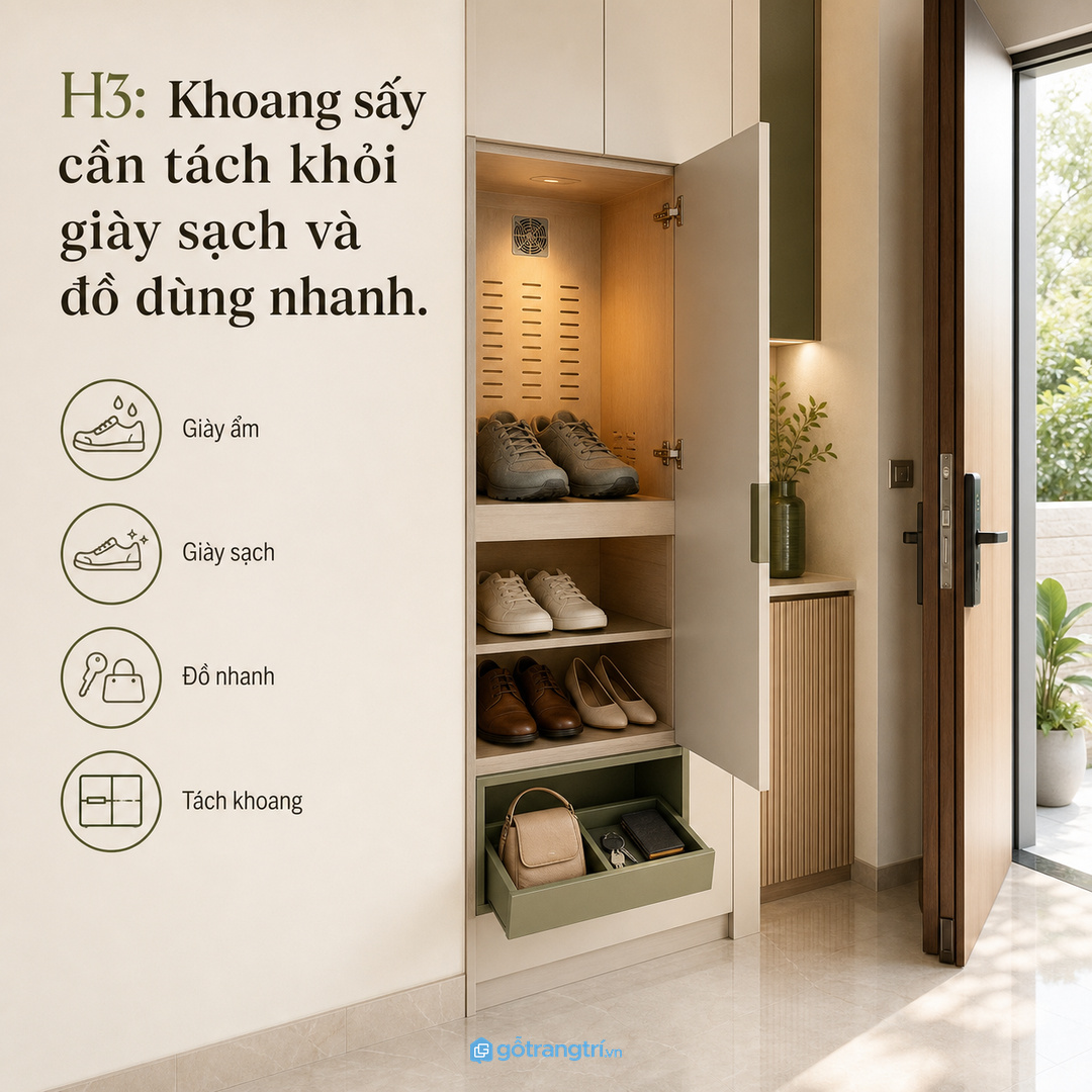 Khoang sấy cần tách khỏi giày sạch và đồ dùng nhanh