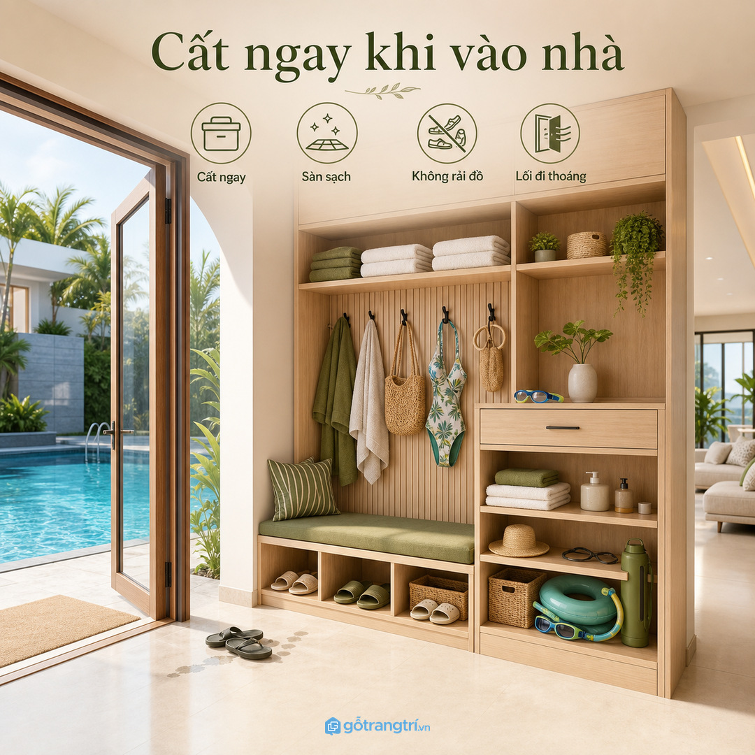 Tủ hồ bơi nên đặt gần nơi dùng nhưng tránh nắng mưa và nước bắn trực tiếp