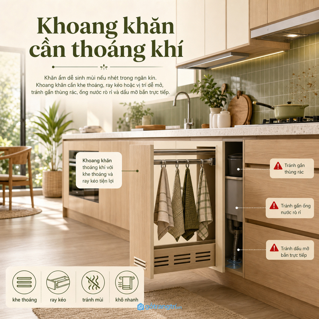 Khoang khăn cần thoáng khí, tránh sát chậu rửa và dầu mỡ