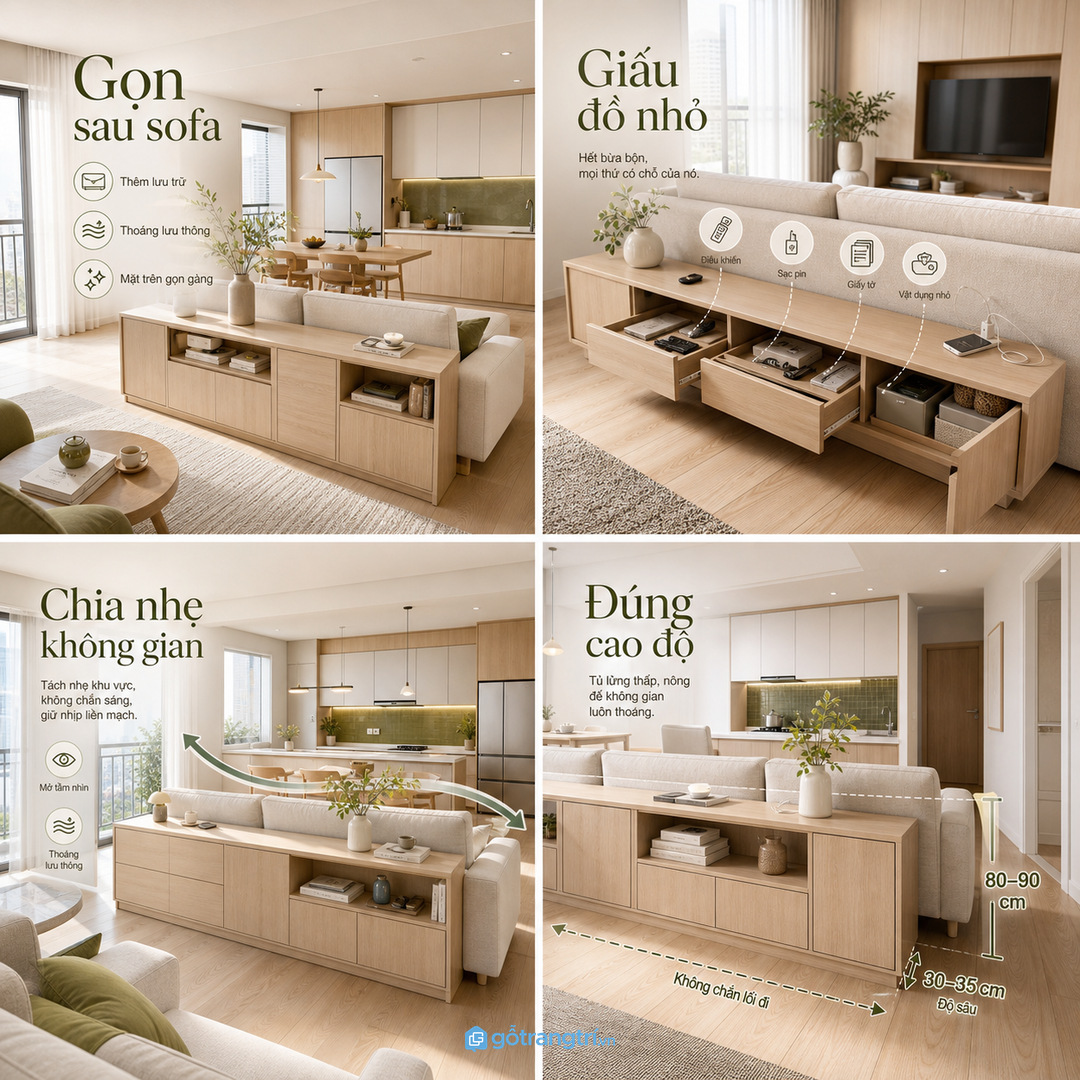 Phòng khách liền bếp cần ranh giới nhẹ mà không chặn sáng