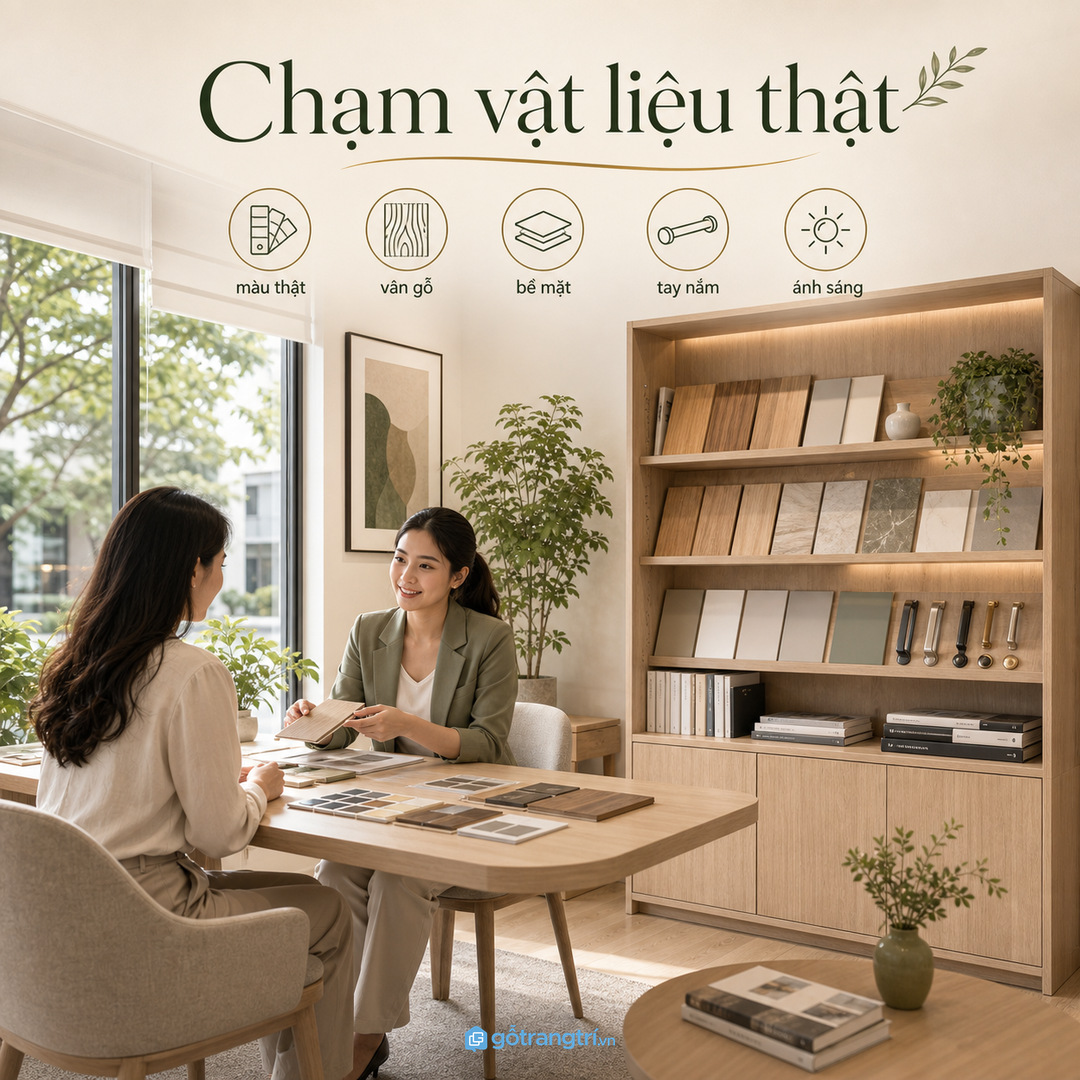 Tủ mẫu giúp khách nhìn và chạm vật liệu trước khi chốt