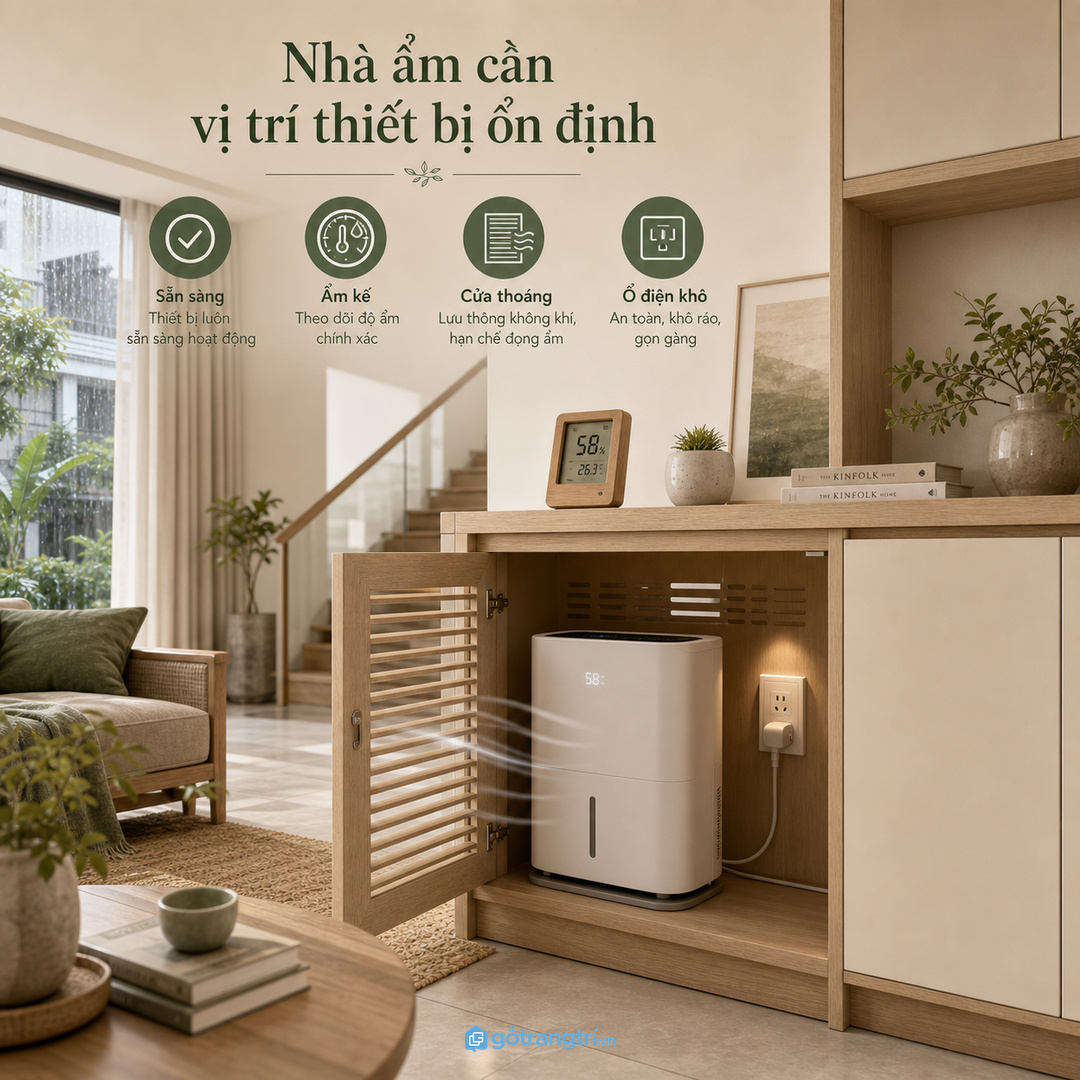 Nhà nồm ẩm cần gom thiết bị, ổ điện, bình nước và lối gió về một tuyến
