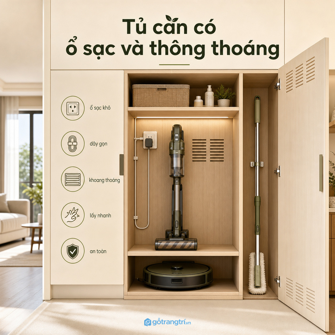 Tủ máy hút bụi cần có ổ sạc khô và khoang thông thoáng