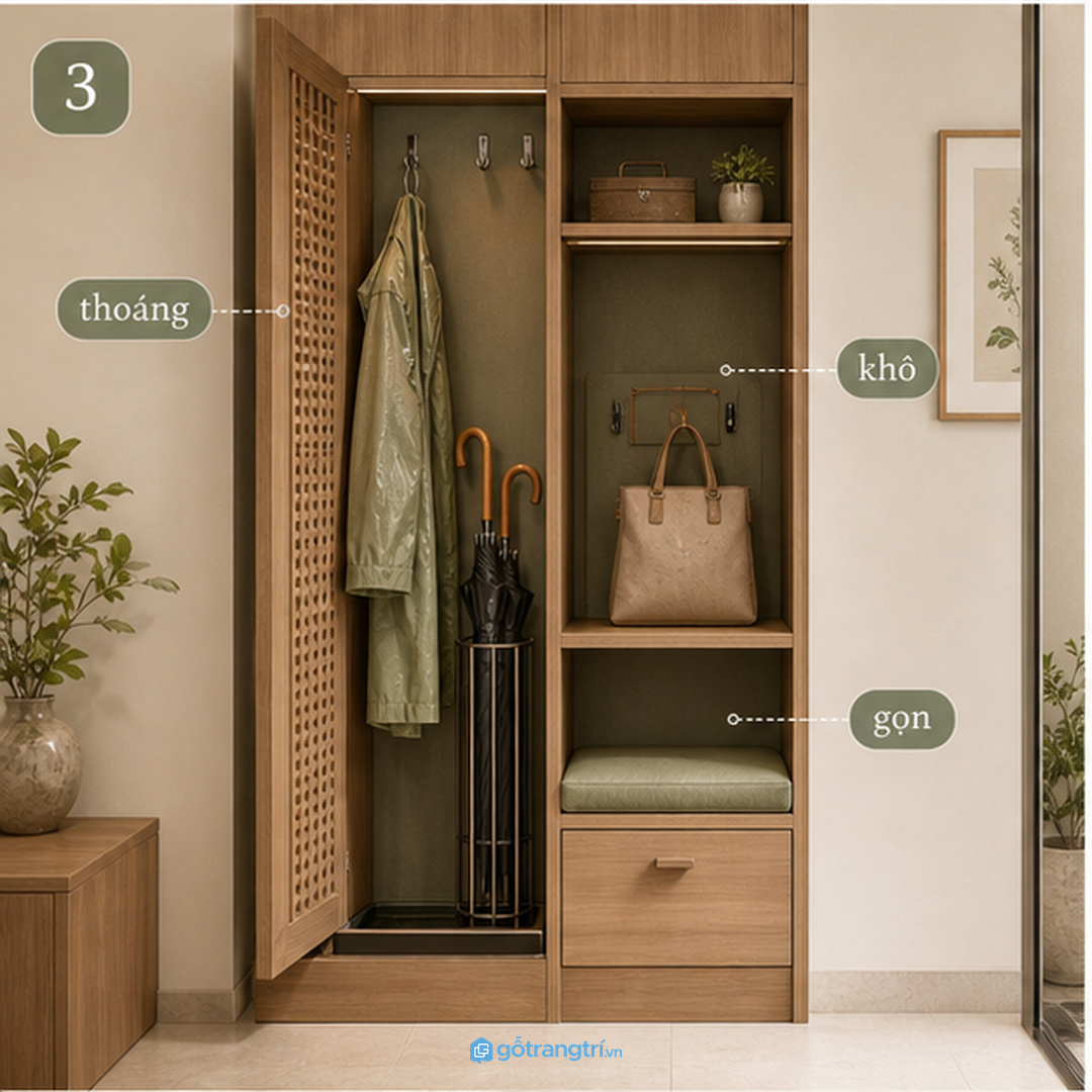 Ô dù và áo mưa cần khoang ướt riêng, tách khỏi đồ khô