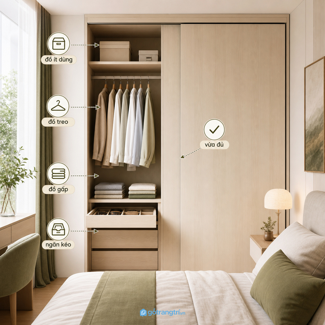 Tủ 2 cánh lùa vừa đủ khi khoang treo, đồ gấp và phụ kiện được chia rõ