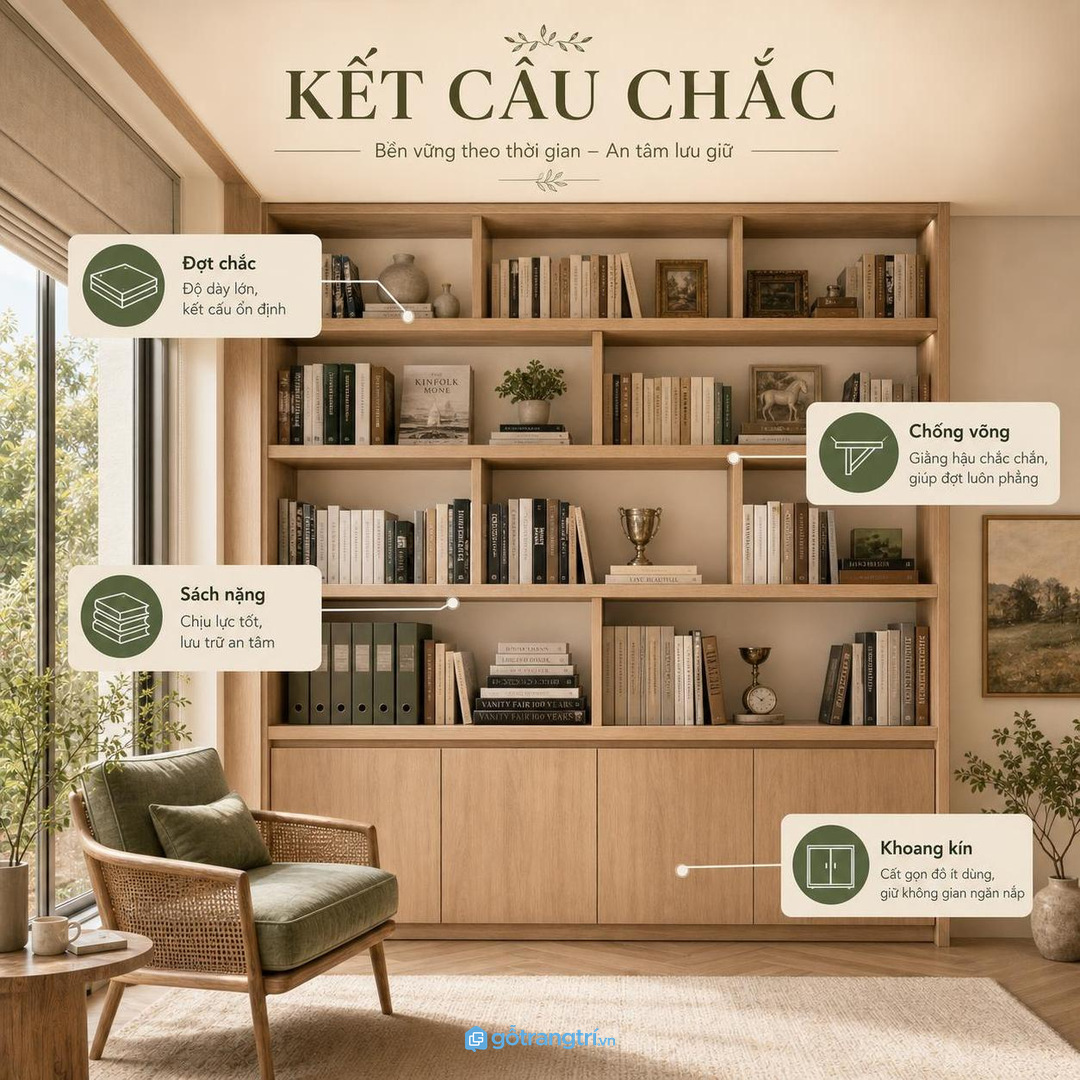 Sách nặng cần đợt tủ chắc, chiều sâu vừa và khoang kín phía dưới