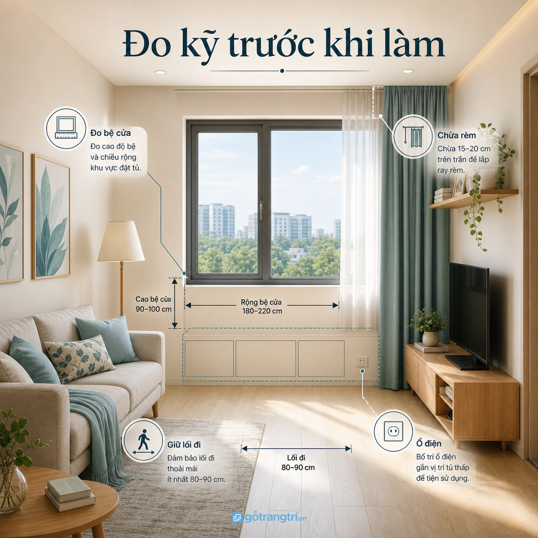 Tủ dưới cửa sổ giúp tận dụng mảng tường thấp mà không làm phòng bị bí