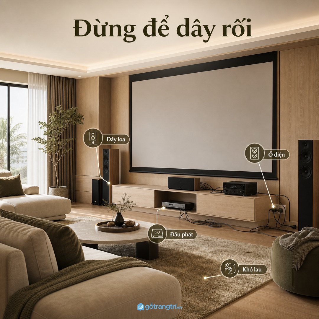 Dây loa, ổ điện và đầu phát đặt rời làm phòng phim nhanh rối