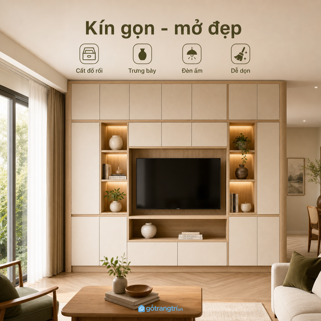 Khoang kín và khoang mở cân bằng giúp phòng khách bớt rối