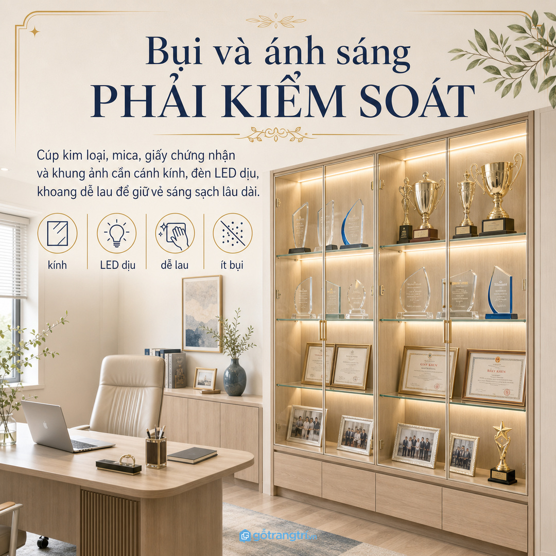 Bụi và ánh sáng cần được kiểm soát để cúp, chứng chỉ luôn sáng sạch