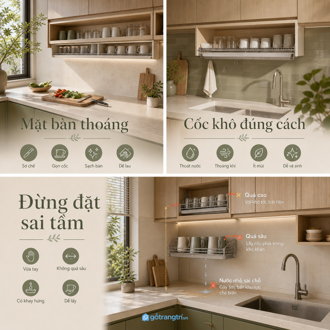Khoang khoang úp cốc bếp cần chừa thoát nước và thông thoáng và tách khỏi đồ lưu trữ