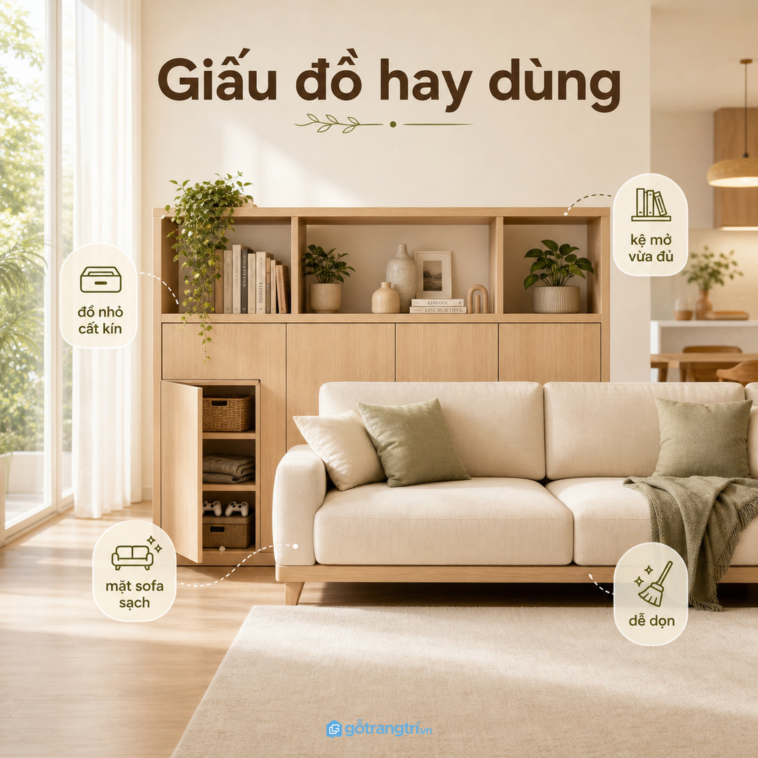 Ngăn kín trong tủ sau sofa giúp giấu đồ hay dùng và giữ phòng khách sạch mắt