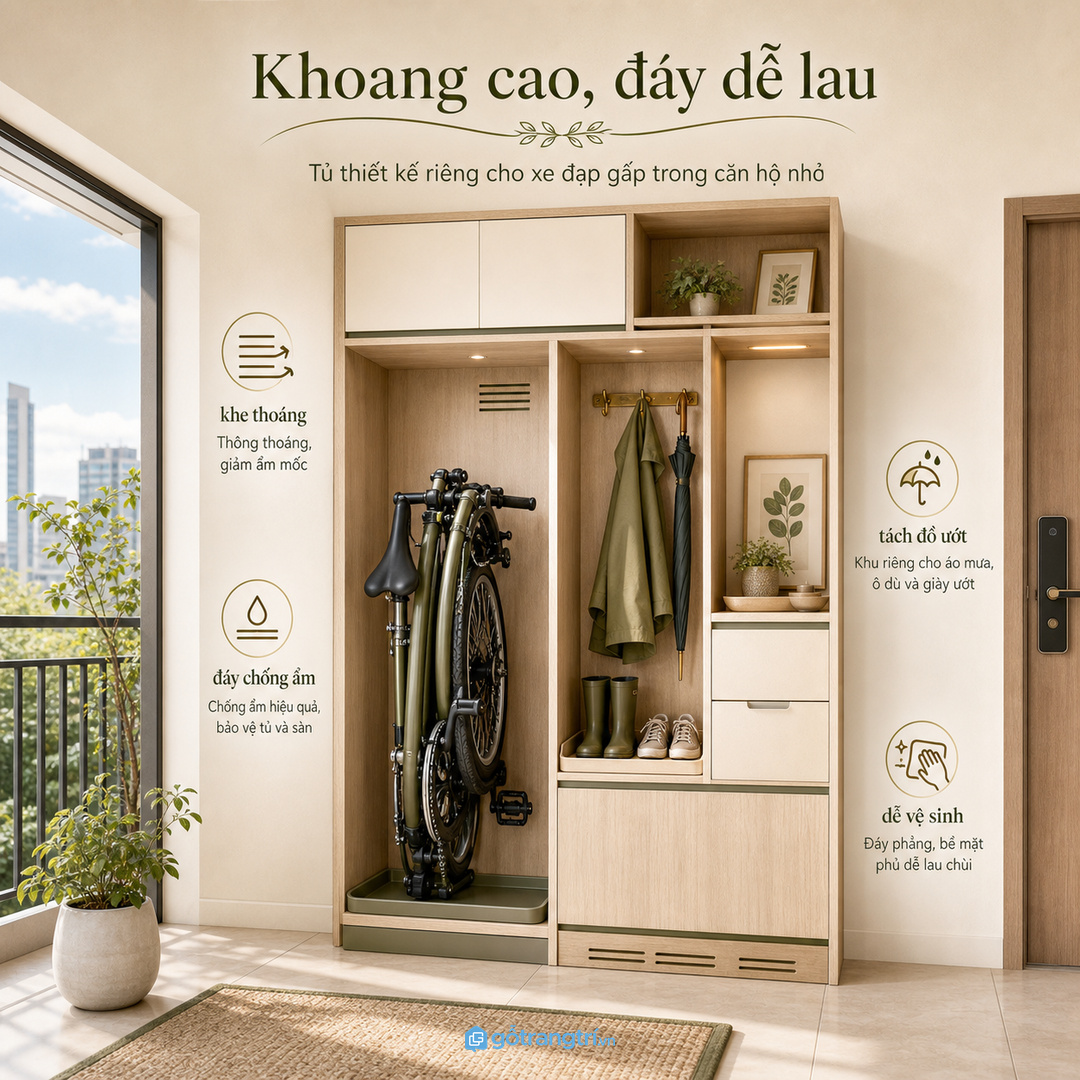 Tủ xe đạp cần khoang cao, đáy dễ lau và khe thoáng kín đáo