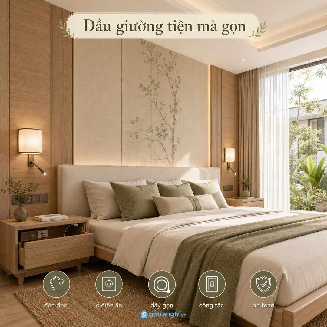 Tab đầu giường có hộc kín giúp giấu đồ nhỏ và dây sạc gọn hơn