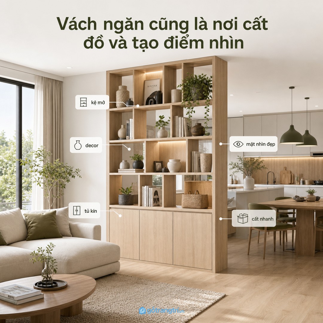 Vách ngăn cũng có thể là hệ cất đồ và điểm nhìn đẹp cho phòng khách