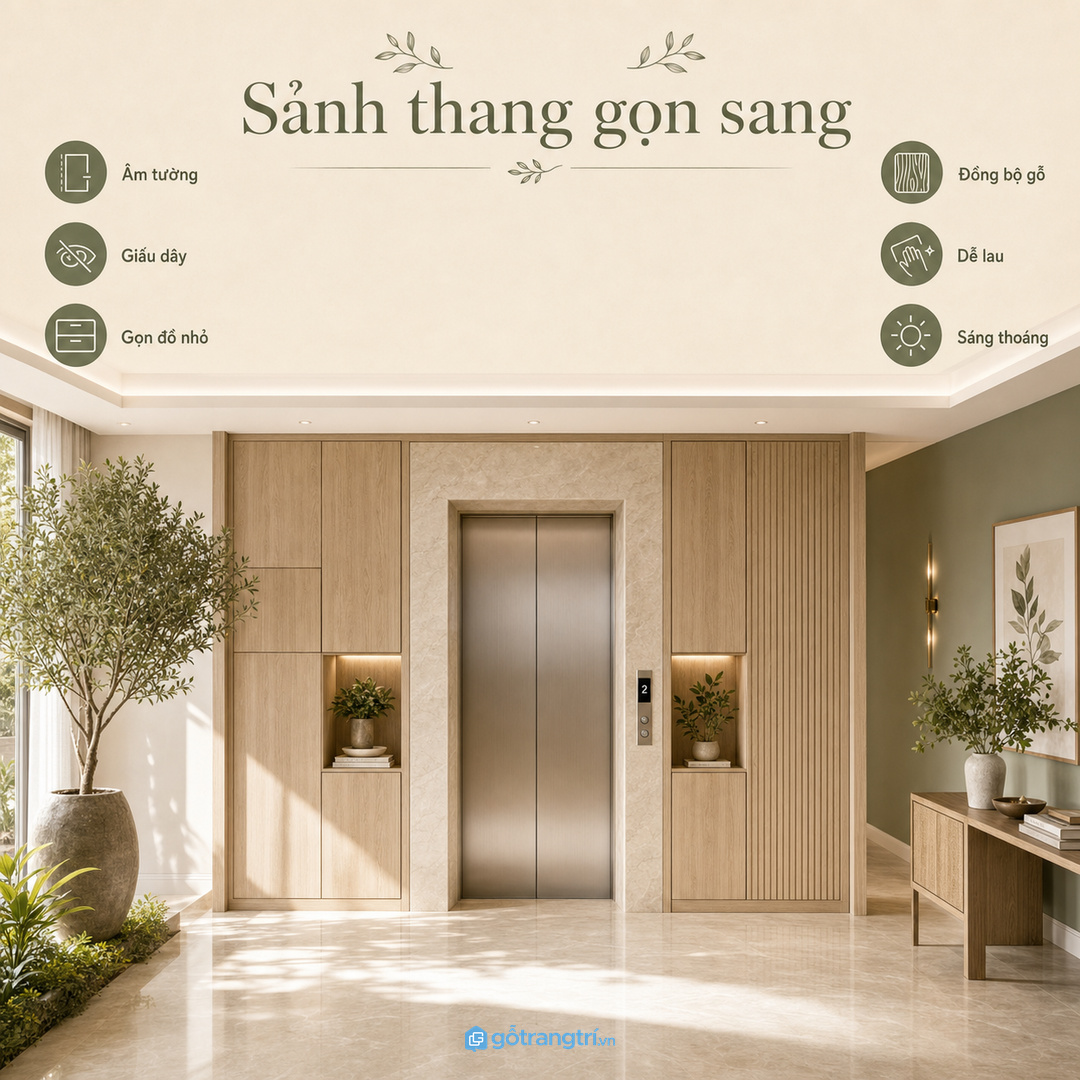 Mảng tủ đồng bộ giúp cửa thang máy hòa vào tổng thể nội thất