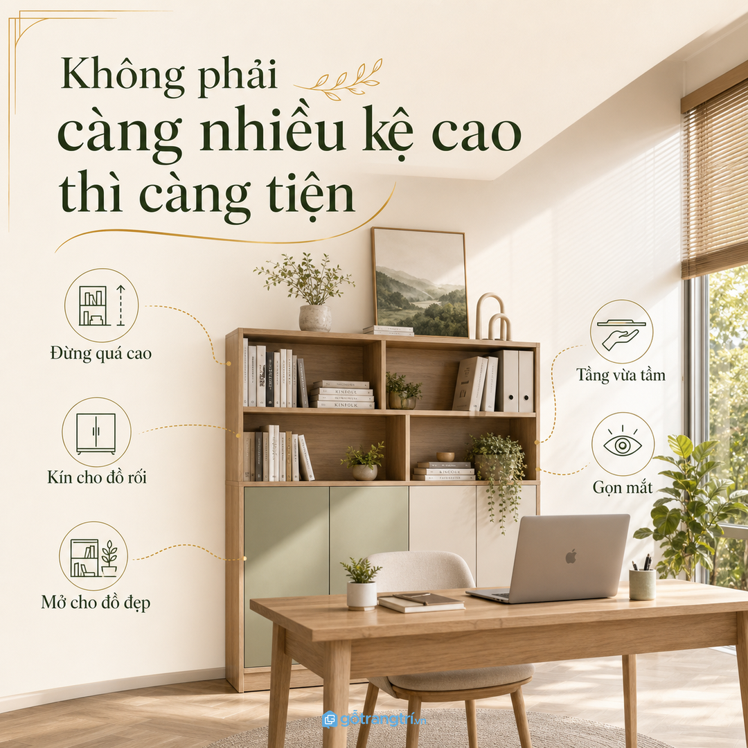 Không phải càng nhiều kệ cao thì góc làm việc càng tiện