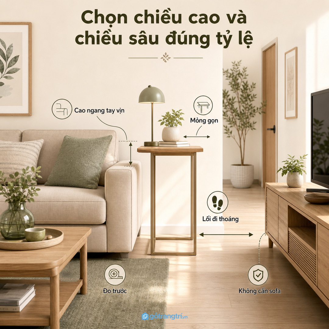 Kích thước bàn phụ cần khớp sofa và lối đi thay vì chỉ chọn theo ảnh mẫu