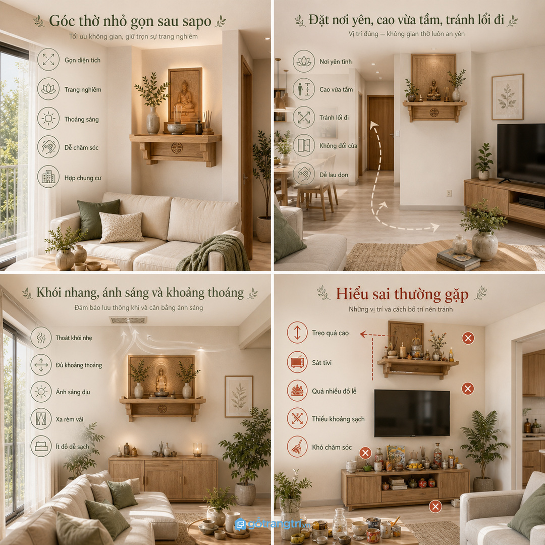Bàn thờ treo tường nên dễ lau dọn và đủ khoảng thao tác an toàn