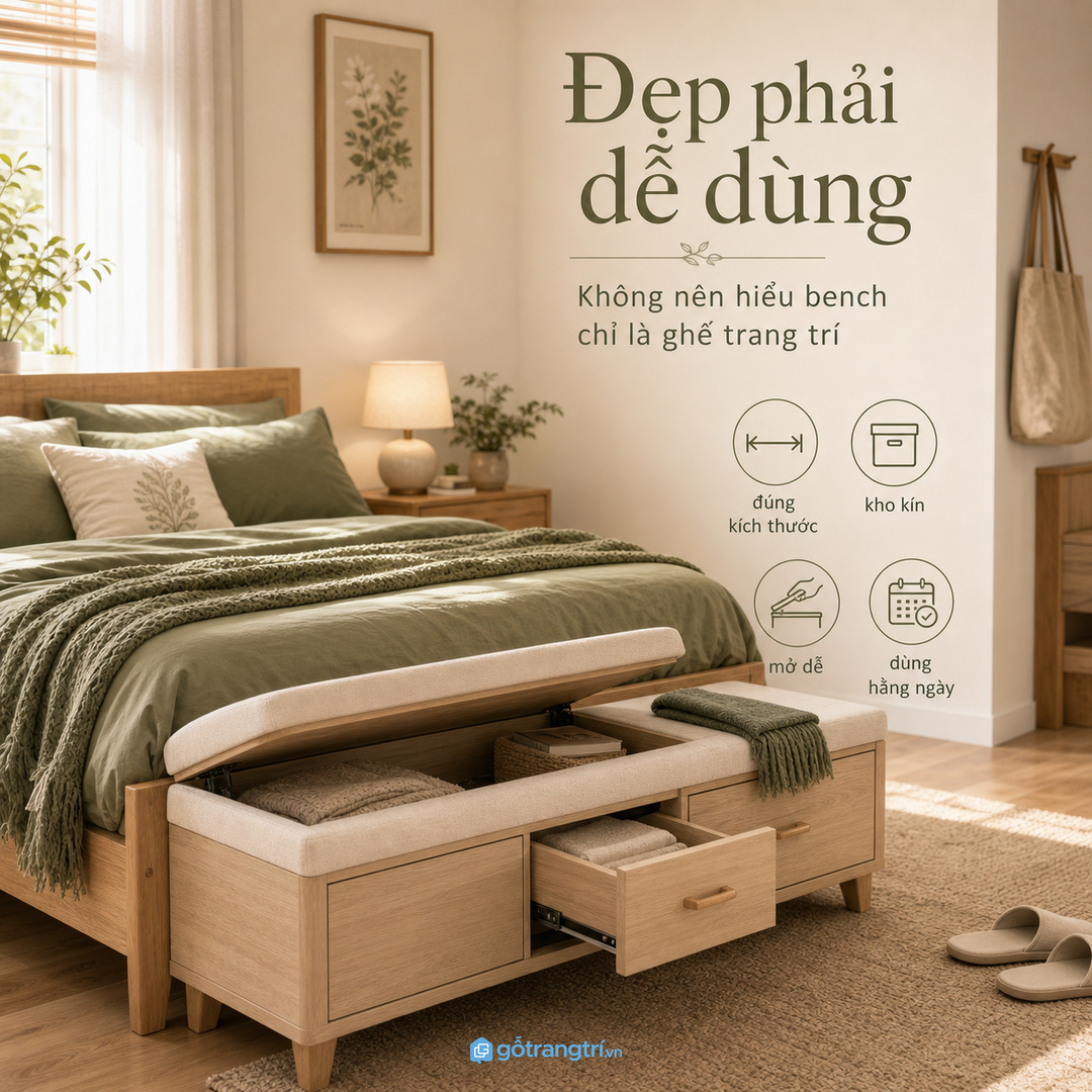 Bench cuối giường cần công năng thật, không chỉ để trang trí