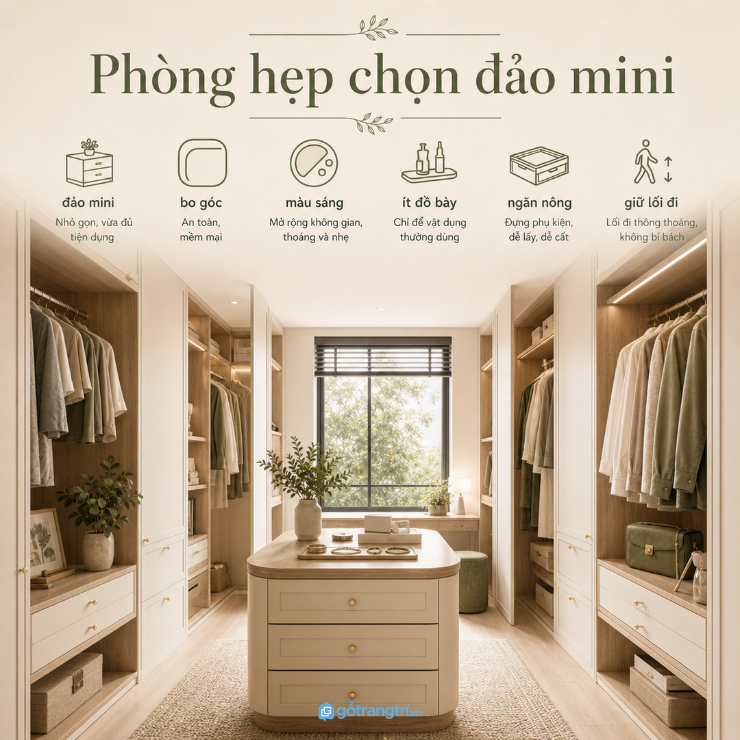 Phòng thay đồ hẹp nên dùng đảo mini màu sáng và ngăn kéo nông
