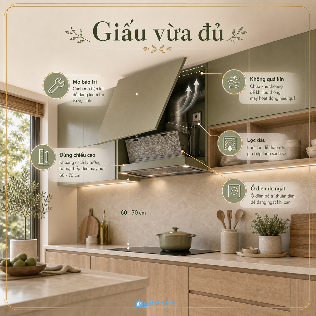 Giấu máy quá kín có thể làm khó vệ sinh lưới lọc dầu mỡ