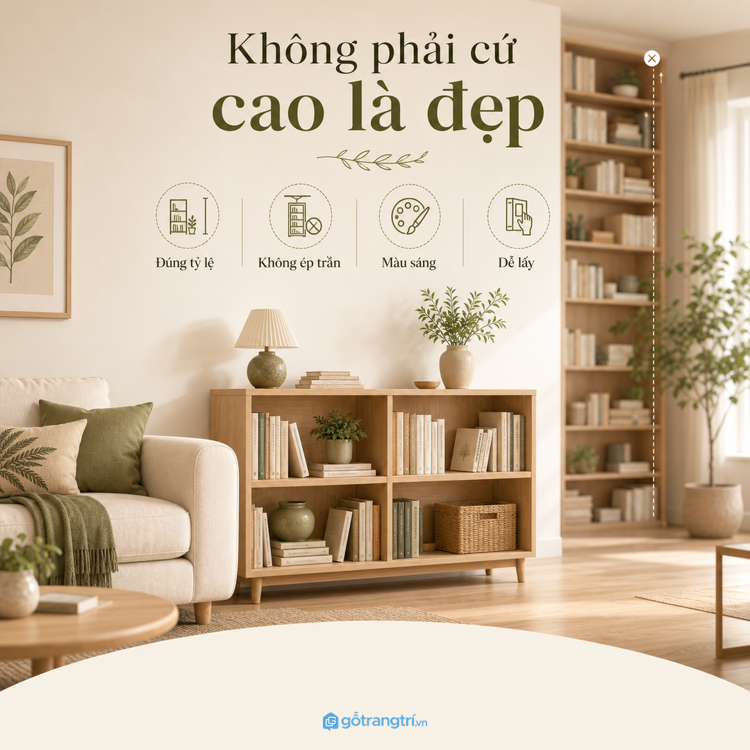 Không phải phòng khách nhỏ nào cũng nên làm kệ sách cao kịch trần