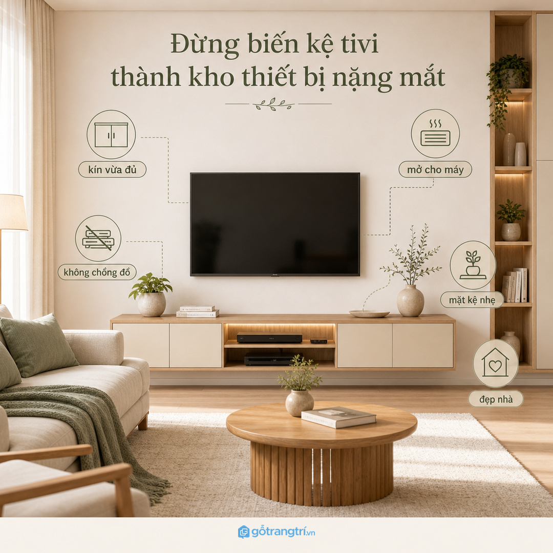 Kệ tivi không nên thành kho thiết bị nặng mắt