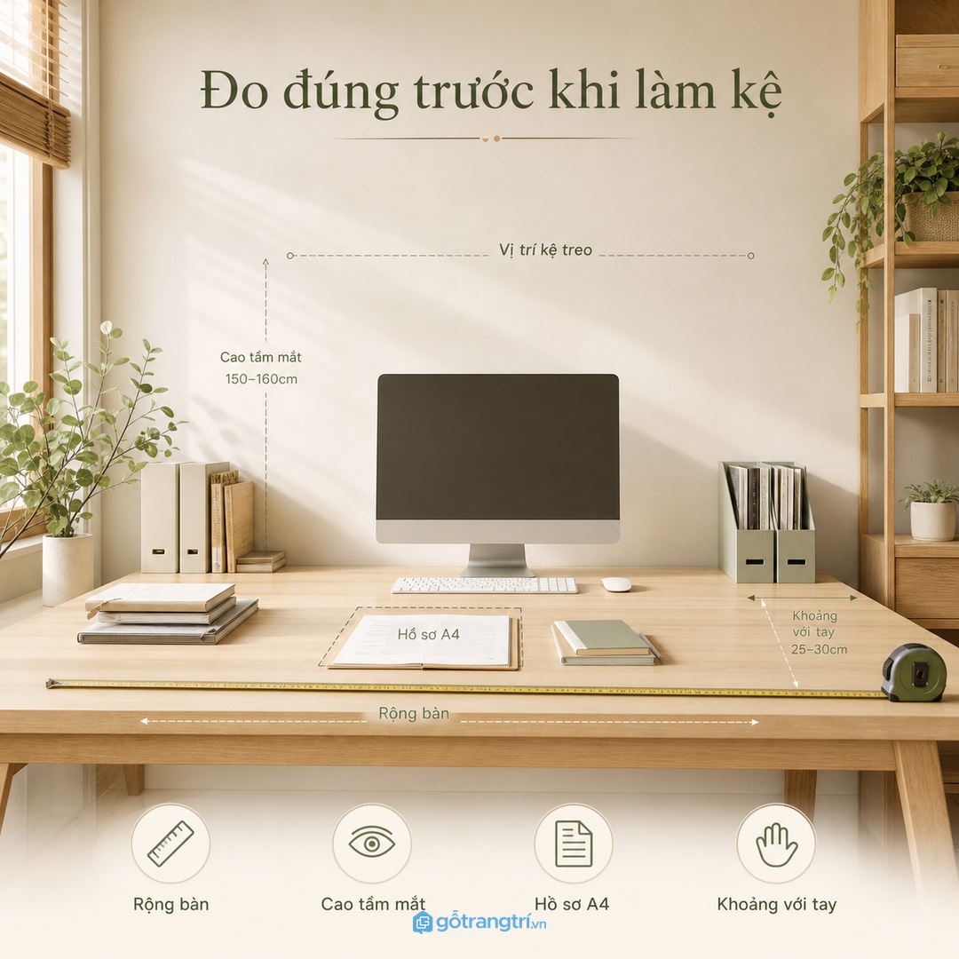 Đo chiều rộng bàn, tầm mắt và khoảng với tay trước khi đặt làm.