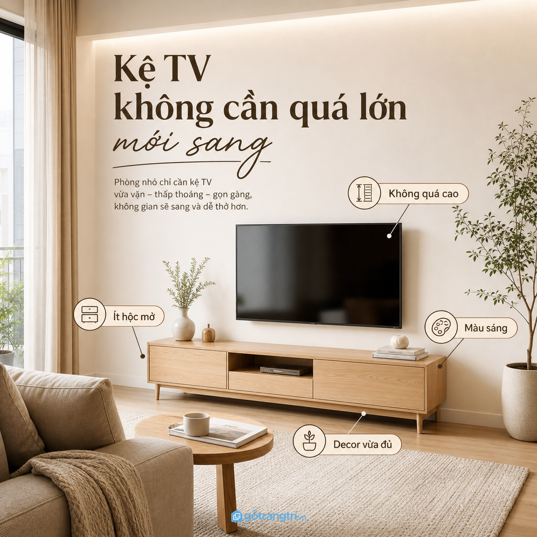 Kệ TV quá lớn, quá nhiều ô mở dễ làm phòng nhỏ nặng và rối