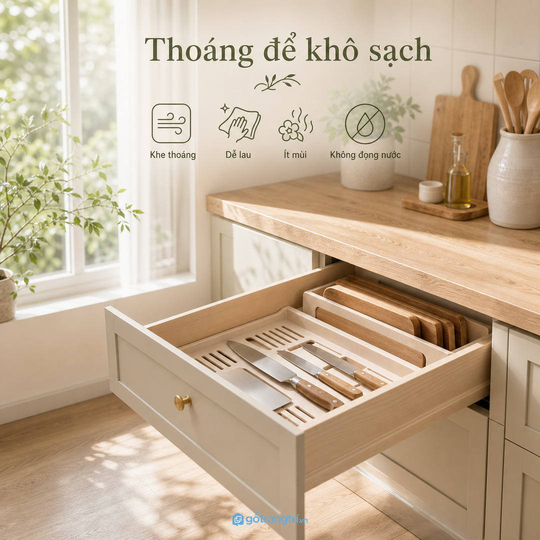 Khay âm tủ cần thoáng và dễ lau để dao thớt khô sạch