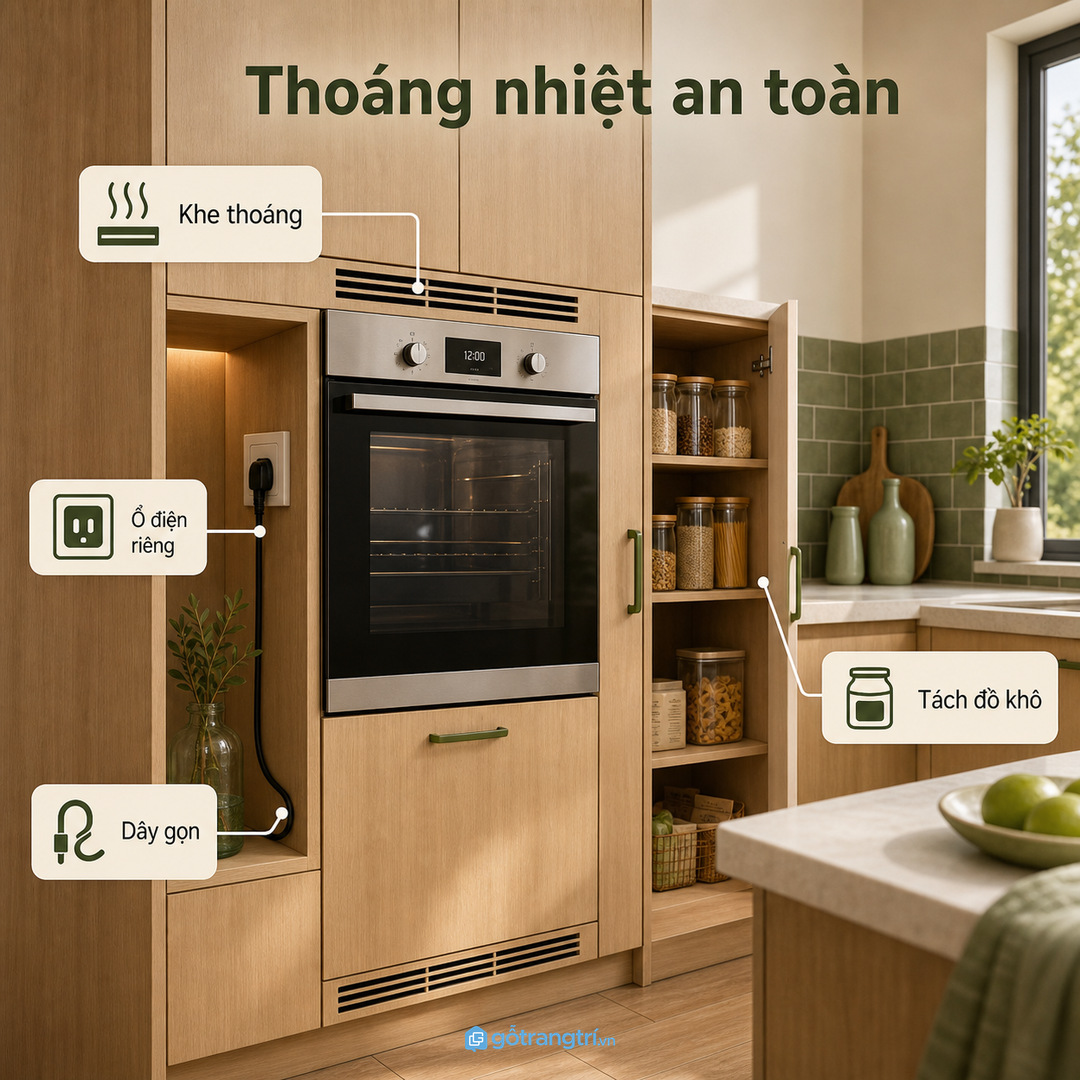Không nên đặt lò nướng quá cao hoặc quá sâu trong tủ bếp