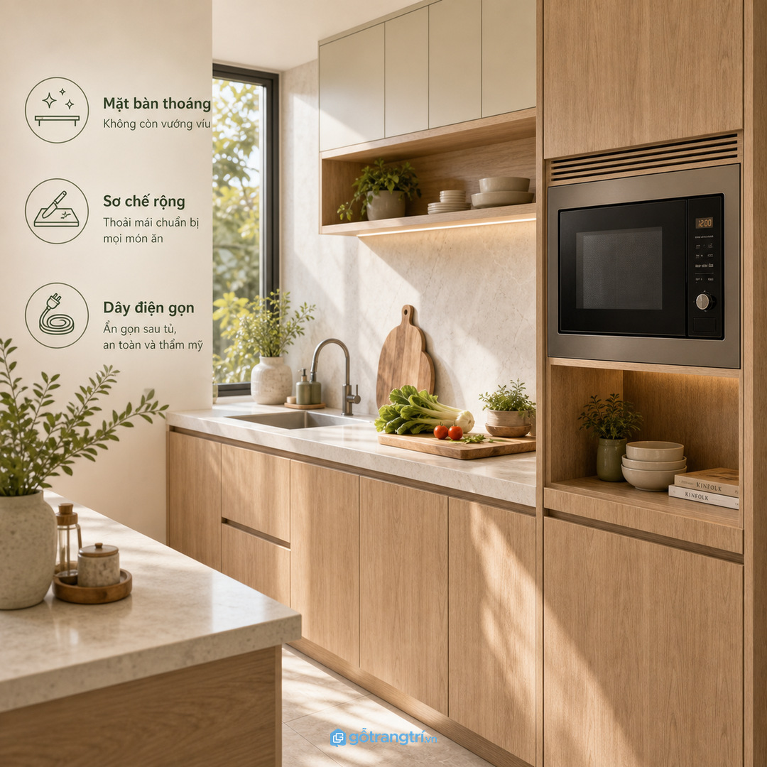 Không nên đặt lò vi sóng quá cao hoặc quá sâu trong tủ bếp
