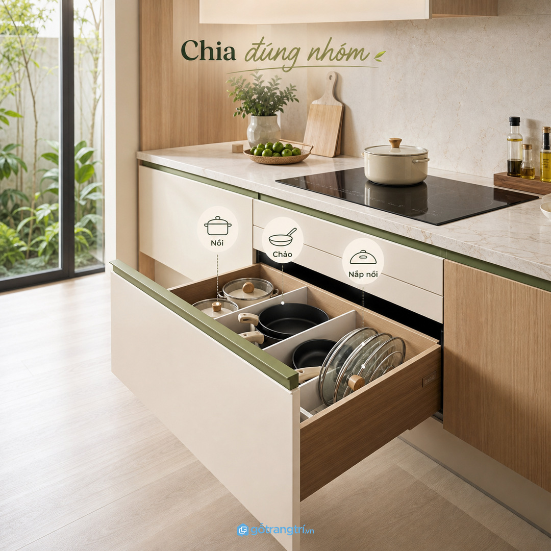 Ngăn kéo tủ bếp chỉ tiện khi chia đúng nhóm nồi chảo