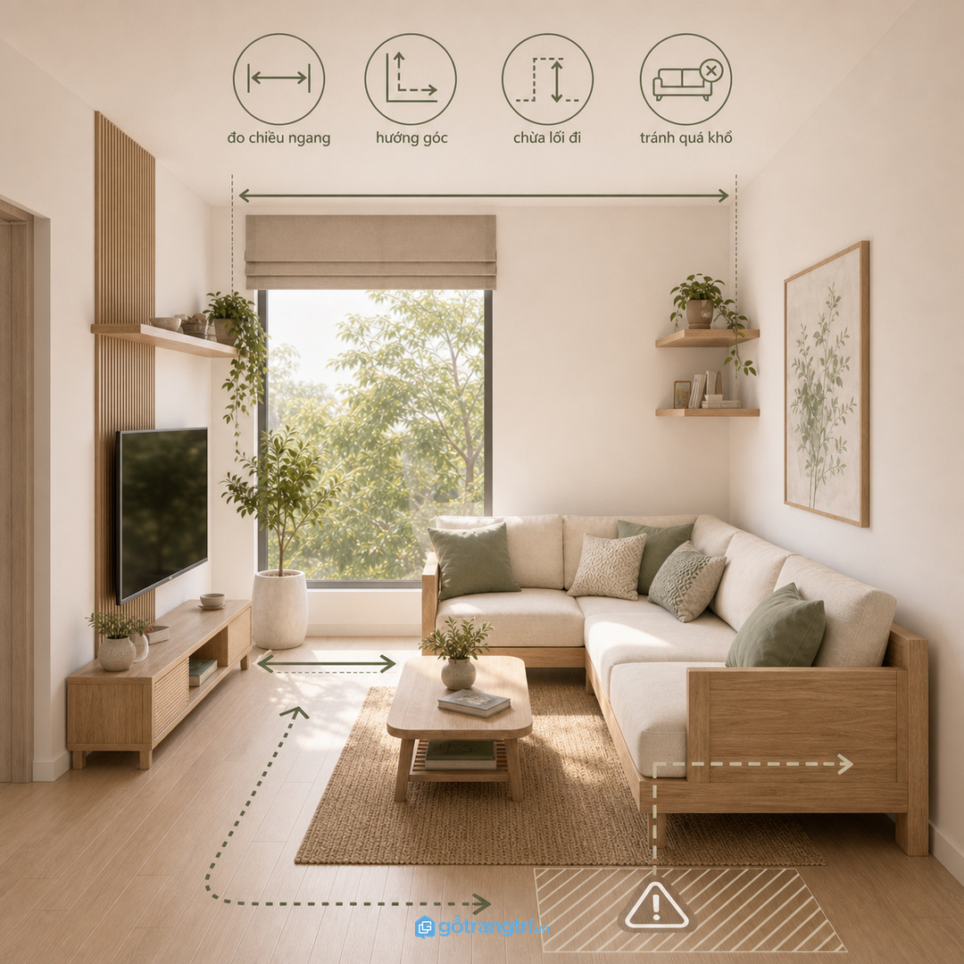 Đo chiều ngang, hướng góc và lối đi trước khi chọn sofa chữ L