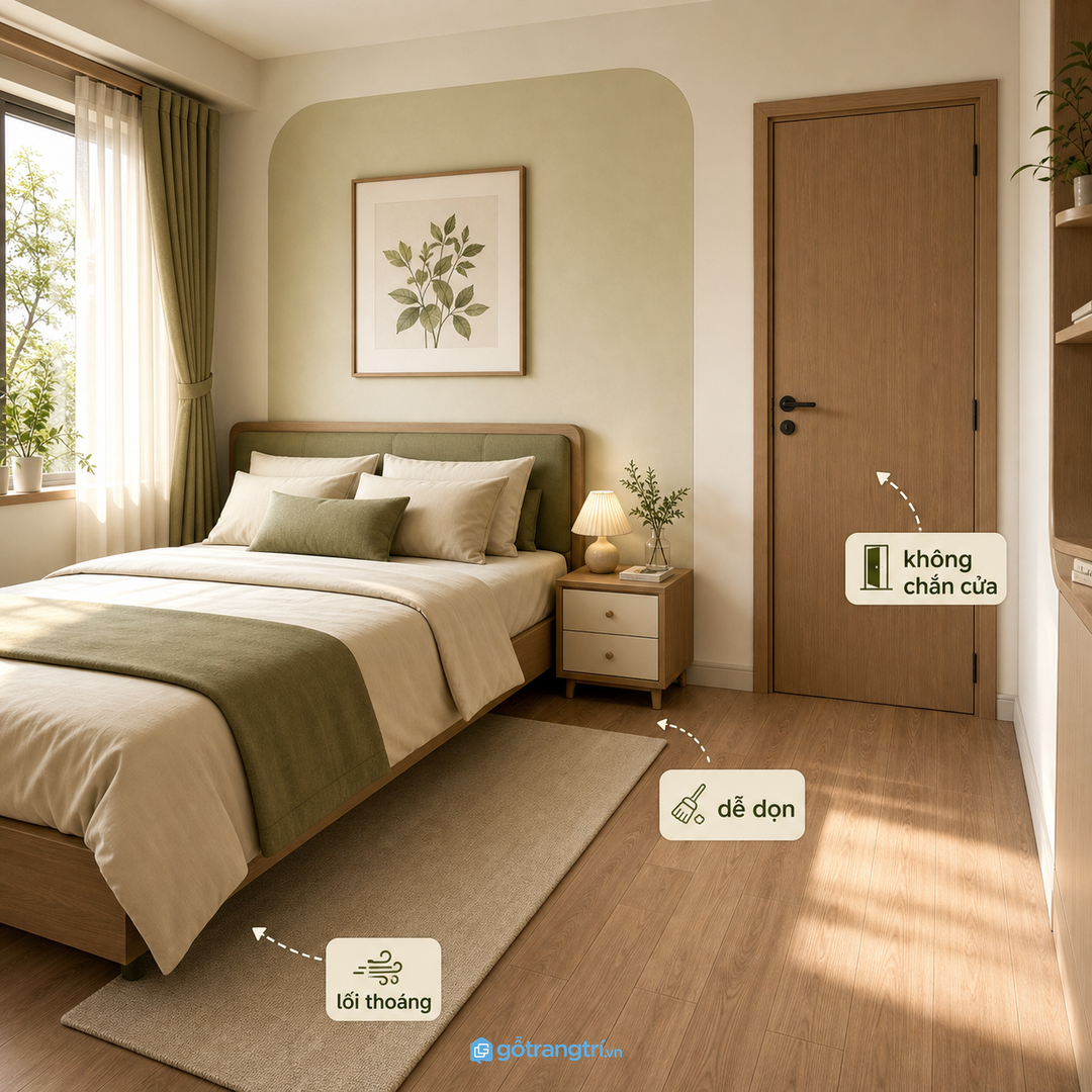 Lối đi quanh giường cần thoáng, không bị tab chắn cửa
